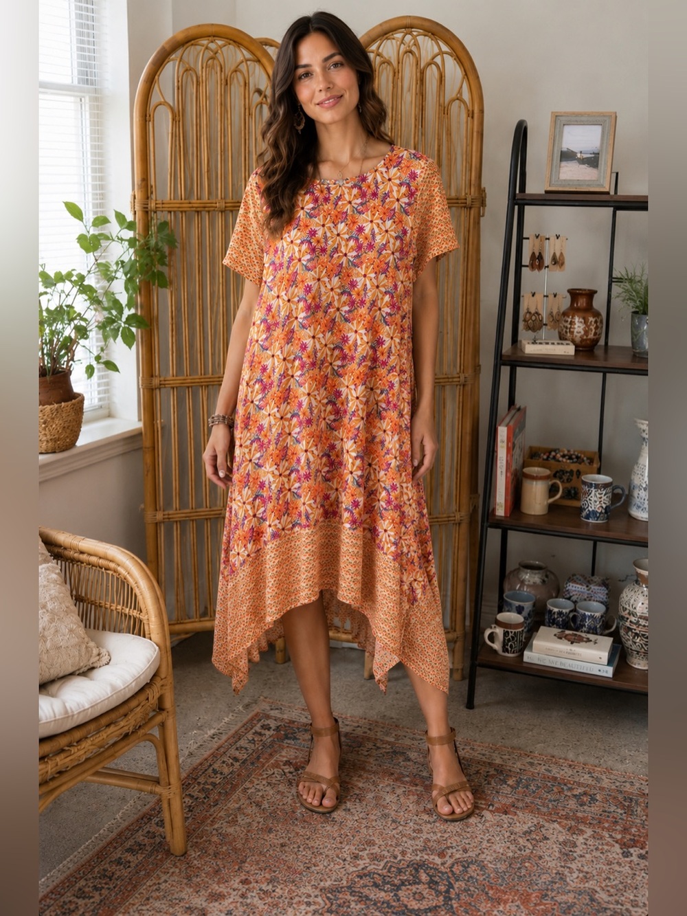 Happy Baba Floral Boho Midi Dress S/M High Low Handkerchief Hem Cotton